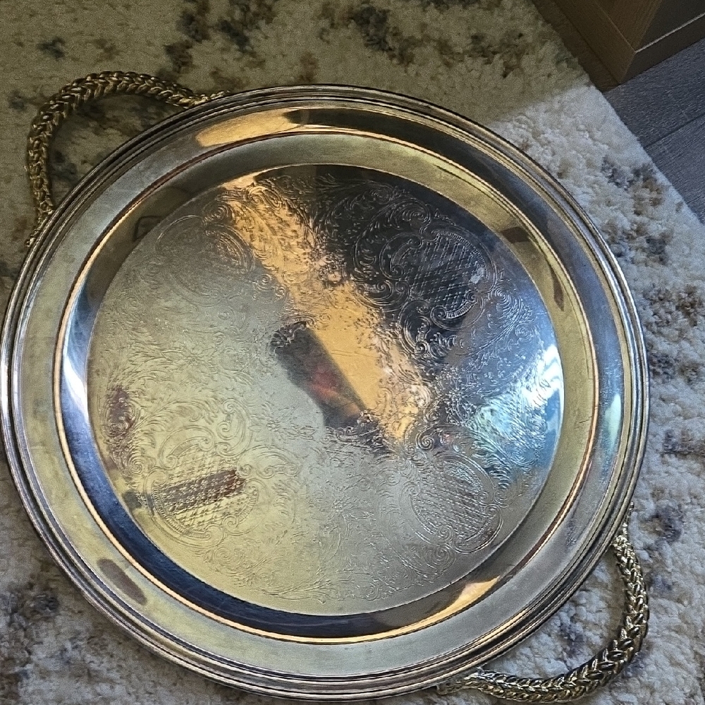 Elegant Silver Plated Serving Tray with Gold Handles